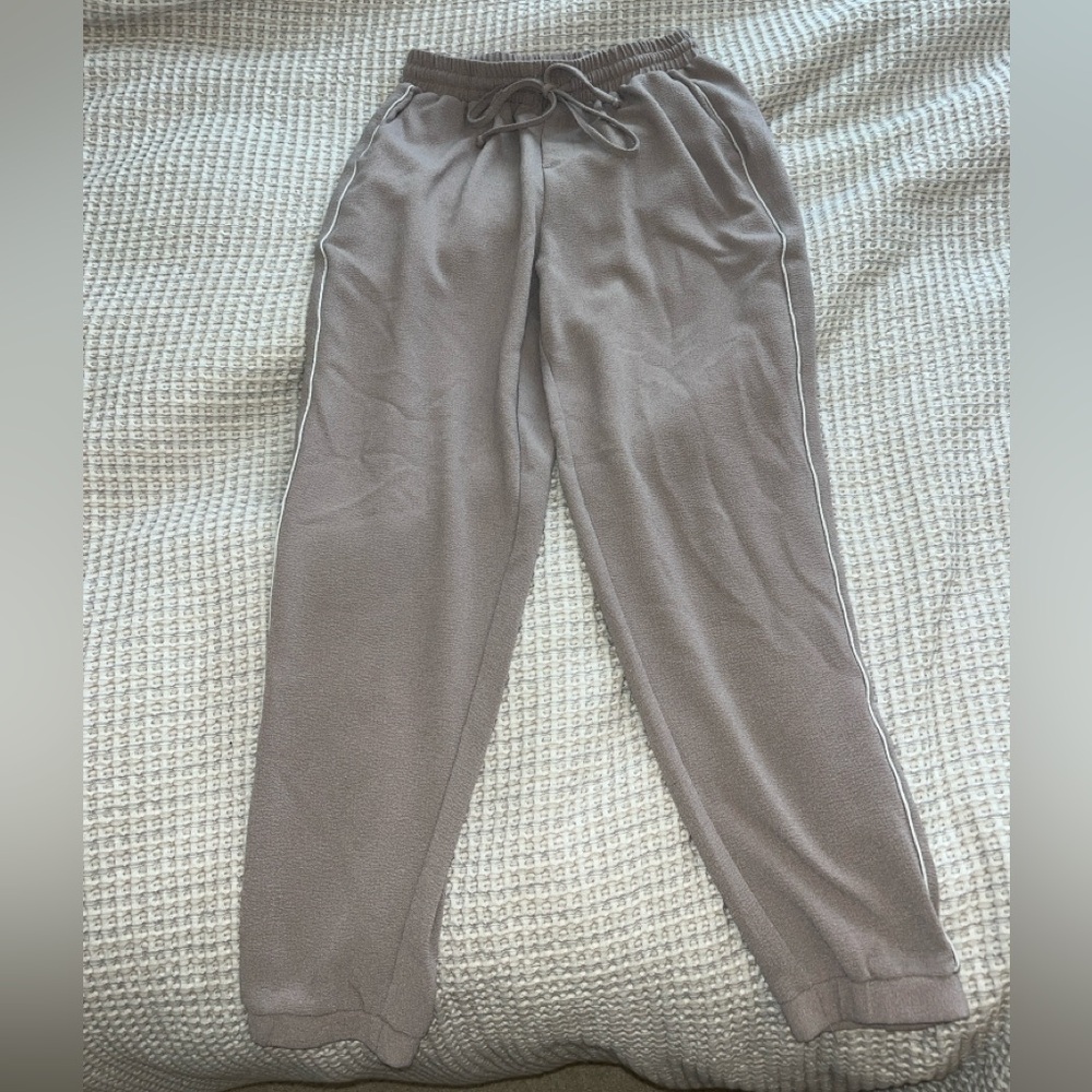Cozy Taupe Lounge Pants XS Ties Elastic Waistband & Ankles White Strip Down Side